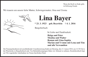 Traueranzeige von Lina Bayer von Ansbach
