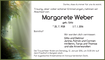 Traueranzeige von Margarete Weber von Ansbach