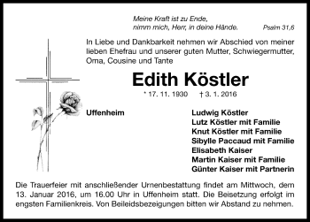 Traueranzeige von Edith Köstler von Neustadt/ Scheinfeld/ Uffenheim