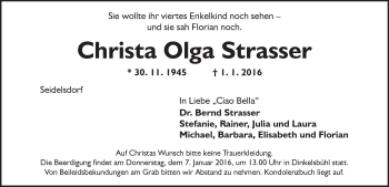 Traueranzeige von Christa Olga Strasser von Dinkelsbühl/ Feuchtwangen