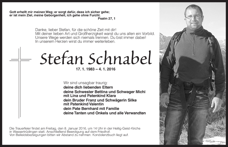  Traueranzeige für Stefan Schnabel vom 06.01.2016 aus Dinkelsbühl/ Feuchtwangen