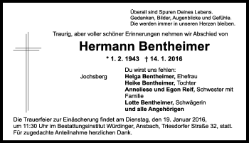 Traueranzeige von Hermann Bentheimer von Ansbach