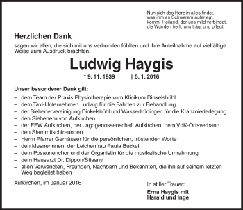 Traueranzeige von Ludwig Haygis von Dinkelsbühl/ Feuchtwangen