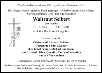 Traueranzeige von Waltraut Seibert von Rothenburg