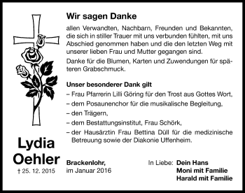 Traueranzeige von Lydia Oehler von Neustadt/ Scheinfeld/ Uffenheim