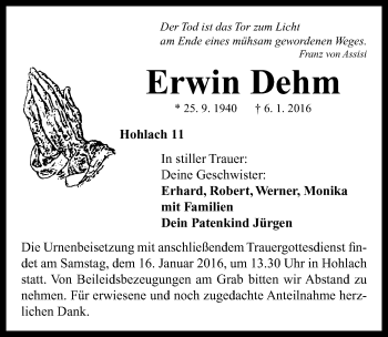 Traueranzeige von Erwin Dehm von Neustadt/ Scheinfeld/ Uffenheim