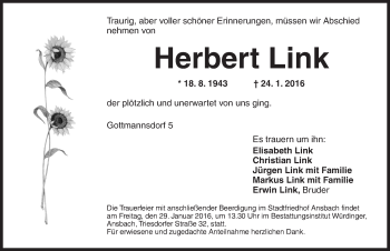 Traueranzeige von Herbert Link von Ansbach