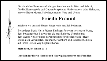 Traueranzeige von Frieda Freund von Rothenburg