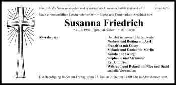 Traueranzeige von Susanna Friedrich von Neustadt/ Scheinfeld/ Uffenheim