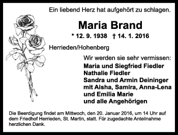 Traueranzeige von Maria Brand von Ansbach