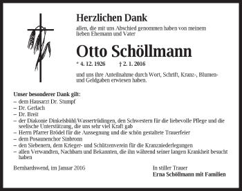 Traueranzeige von Otto Schöllmann von Dinkelsbühl/ Feuchtwangen