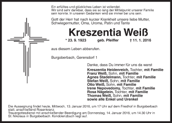 Traueranzeige von Kreszentia Weiß von Ansbach