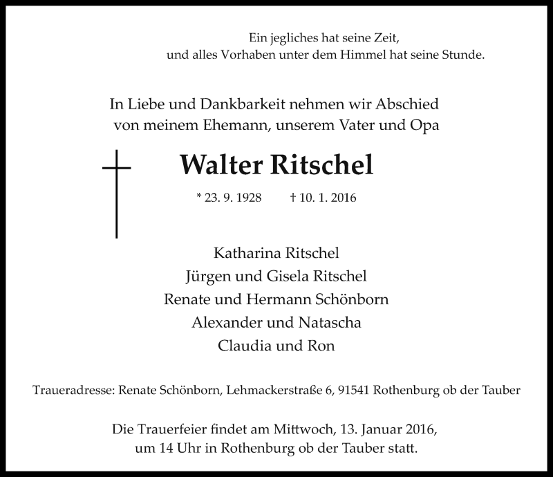  Traueranzeige für Walter Ritschel vom 12.01.2016 aus Rothenburg