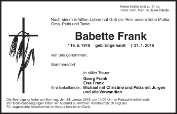 Traueranzeige von Babette Frank von Ansbach