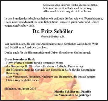 Traueranzeige von Fritz Schölle von Rothenburg