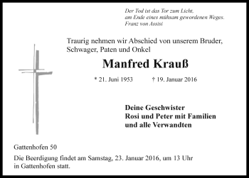 Traueranzeige von Manfred Krauß von Rothenburg