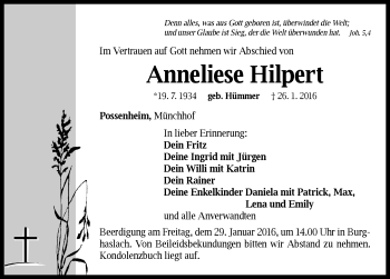 Traueranzeige von Anneliese Hilpert von Neustadt/ Scheinfeld/ Uffenheim