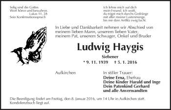 Traueranzeige von Ludwig Haygis von Dinkelsbühl/ Feuchtwangen