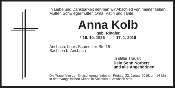 Traueranzeige von Anna Kolb von Ansbach