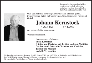 Traueranzeige von Johann Kernstock von Ansbach