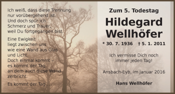 Traueranzeige von Hildegard Wellhöfer von Ansbach