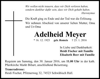 Traueranzeige von Adelheid Meyer von Neustadt/ Scheinfeld/ Uffenheim