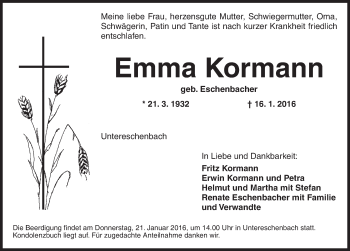 Traueranzeige von Emma Kormann von Ansbach