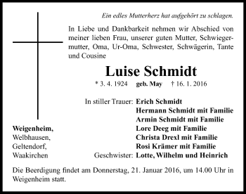 Traueranzeige von Luise Schmidt von Neustadt/ Scheinfeld/ Uffenheim