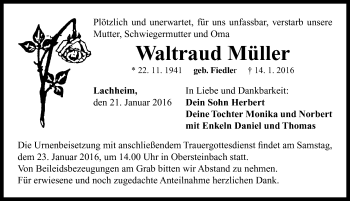 Traueranzeige von Waltraud Müller von Neustadt/ Scheinfeld/ Uffenheim