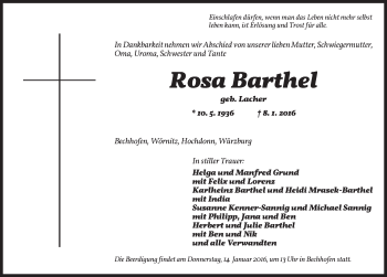 Traueranzeige von Rosa Barthel von Dinkelsbühl/ Feuchtwangen