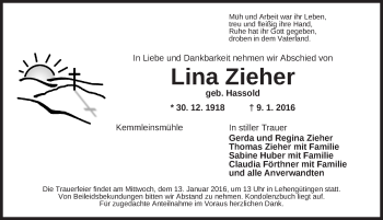 Traueranzeige von Lina Zieher von Dinkelsbühl/ Feuchtwangen