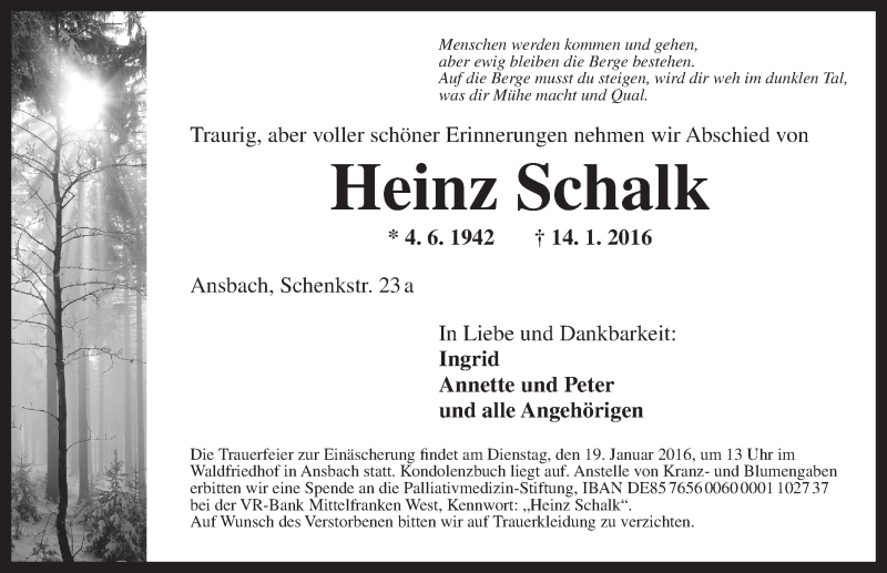 Traueranzeige für Heinz Schalk vom 16.01.2016 aus Ansbach