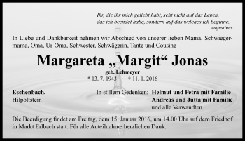 Traueranzeige von Margareta Margit Jonas von Neustadt/ Scheinfeld/ Uffenheim