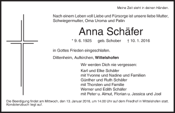 Traueranzeige von Anna Schäfer von Dinkelsbühl/ Feuchtwangen