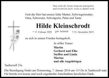 Traueranzeige von Hilde Kleinschrodt von Rothenburg