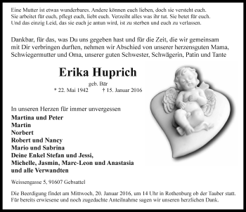 Traueranzeige von Erika Huprich von Rothenburg