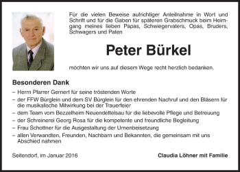 Traueranzeige von Peter Bürkel von Ansbach