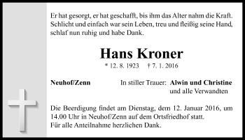 Traueranzeige von Hans Kroner von Neustadt/ Scheinfeld/ Uffenheim