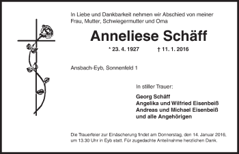 Traueranzeige von Anneliese Schäff von Ansbach