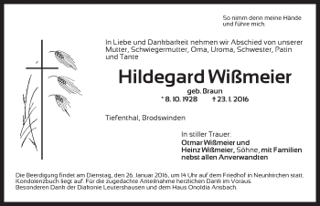 Traueranzeige von Hildegard Wißmeier von Ansbach