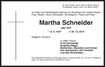 Traueranzeige von Martha Schneider von Ansbach