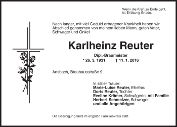 Traueranzeige von Karlheinz Reuter von Ansbach