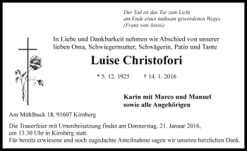 Traueranzeige von Luise Christofori von Rothenburg