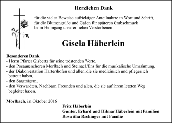 Traueranzeige von Gisela Häberlein von Neustadt/ Scheinfeld/ Uffenheim