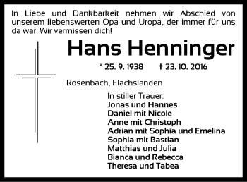 Traueranzeige von Hans Henninger von Ansbach