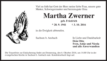 Traueranzeige von Martha Zwerner von Ansbach