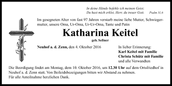 Traueranzeige von Katharina Keitel von Neustadt/ Scheinfeld/ Uffenheim