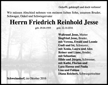 Traueranzeige von Friedrich Reinhold Jesse von Rothenburg