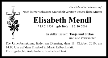 Traueranzeige von Elisabeth Mendl von Neustadt/ Scheinfeld/ Uffenheim