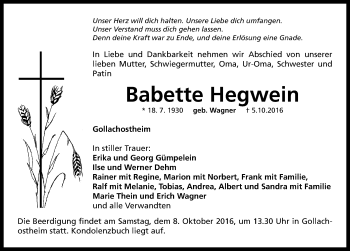 Traueranzeige von Babette Hegwein von Neustadt/ Scheinfeld/ Uffenheim